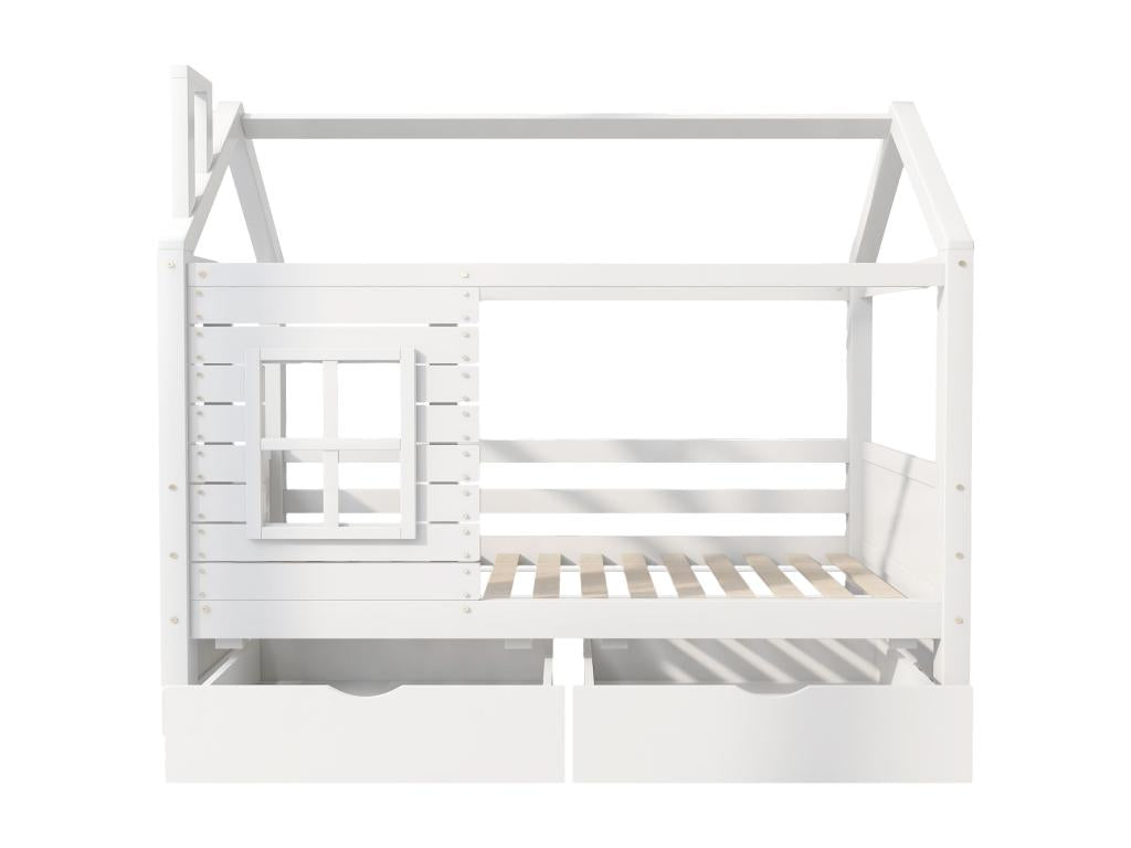 Lit cabane 90x200 cm avec 2 tiroirs - en forme de maison - en bois massif - Blanc 55572PAGM
