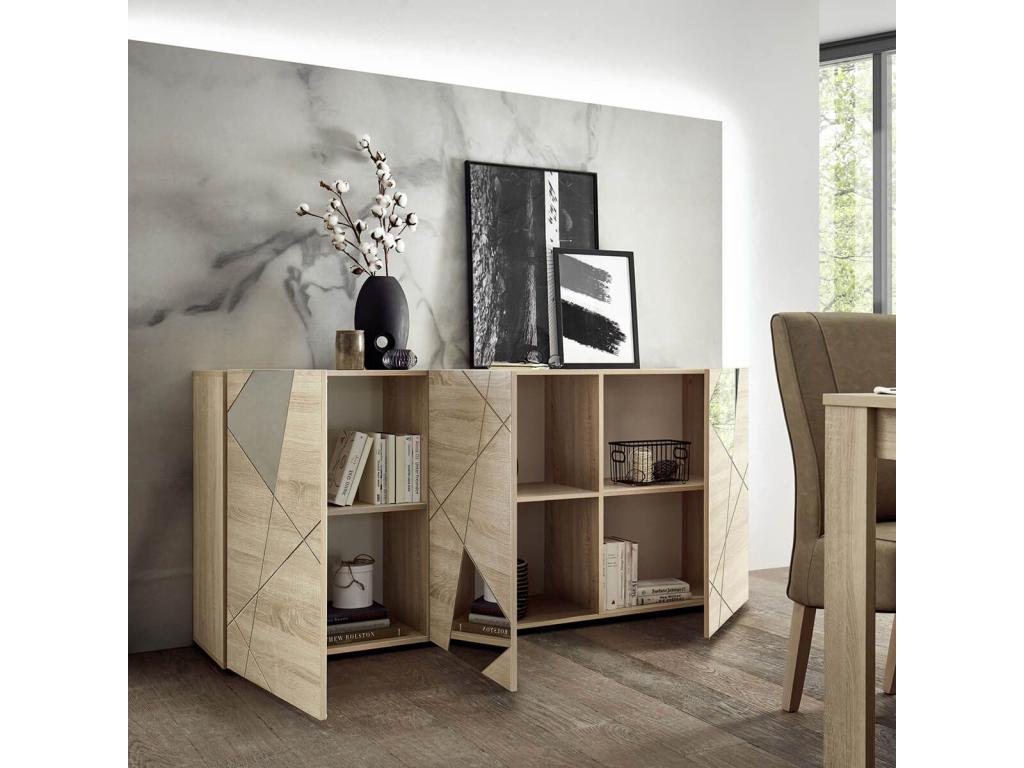 Artvivrestore - Buffet 3 Portes Finition Bois Artvivrestore avec Sérigraphies et Miroirs 82332OMYH
