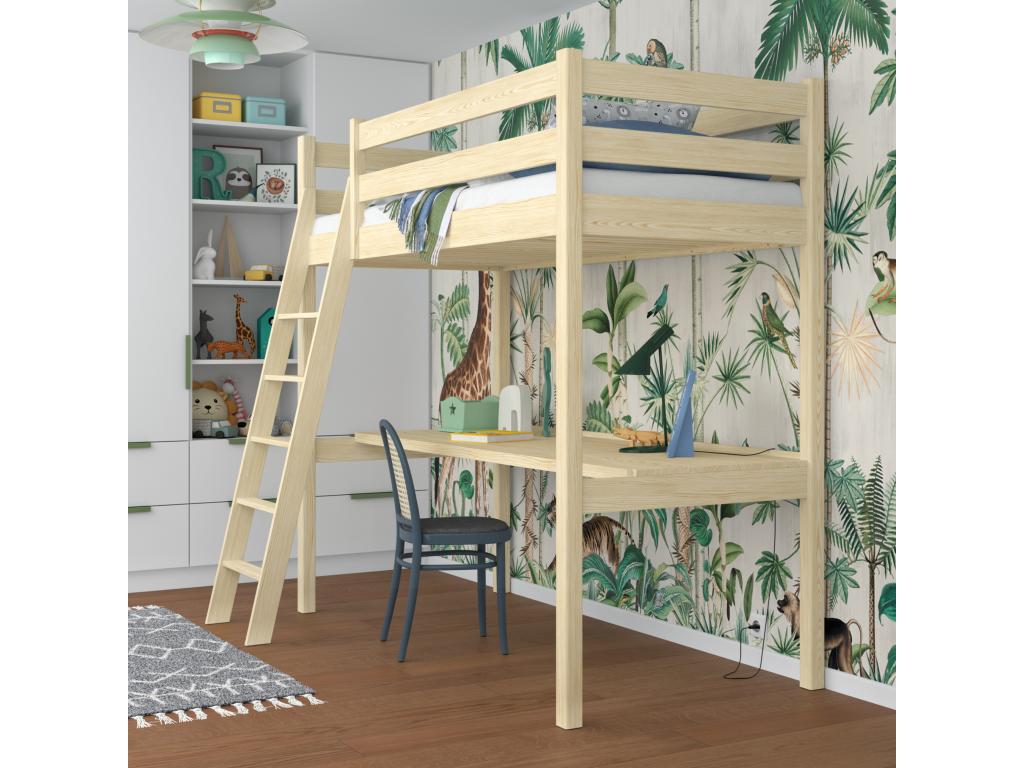 Lit mezzanine en bois - avec bureau N03 Pin Clair 120x190 42097DOLG