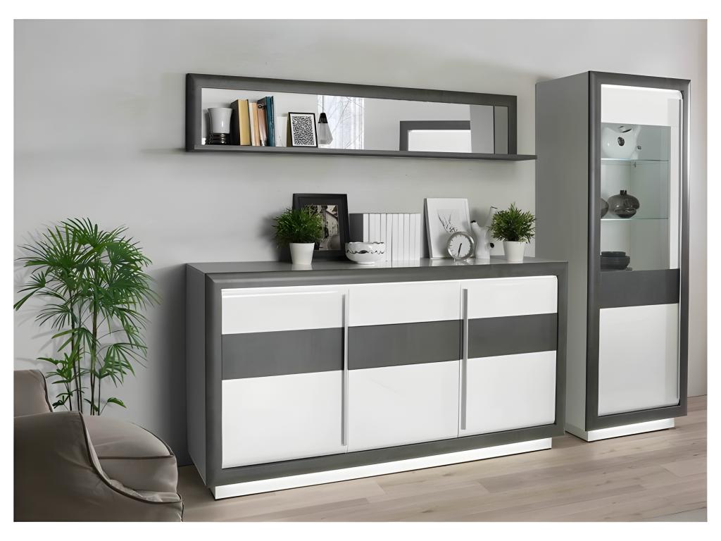 Buffet 193 cm 3 portes blanc laqué décor gris béton avec LED - Artvivrestore 70888BEJV