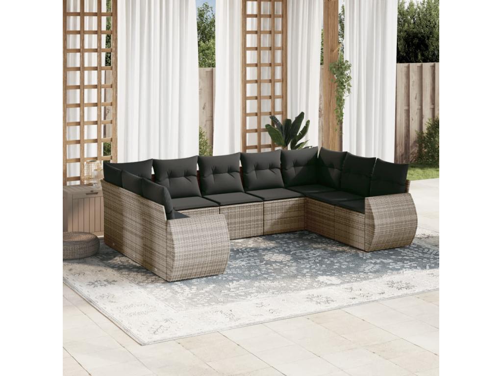 Salon de jardin 9 pcs avec coussins gris résine tressée 15629NQMC