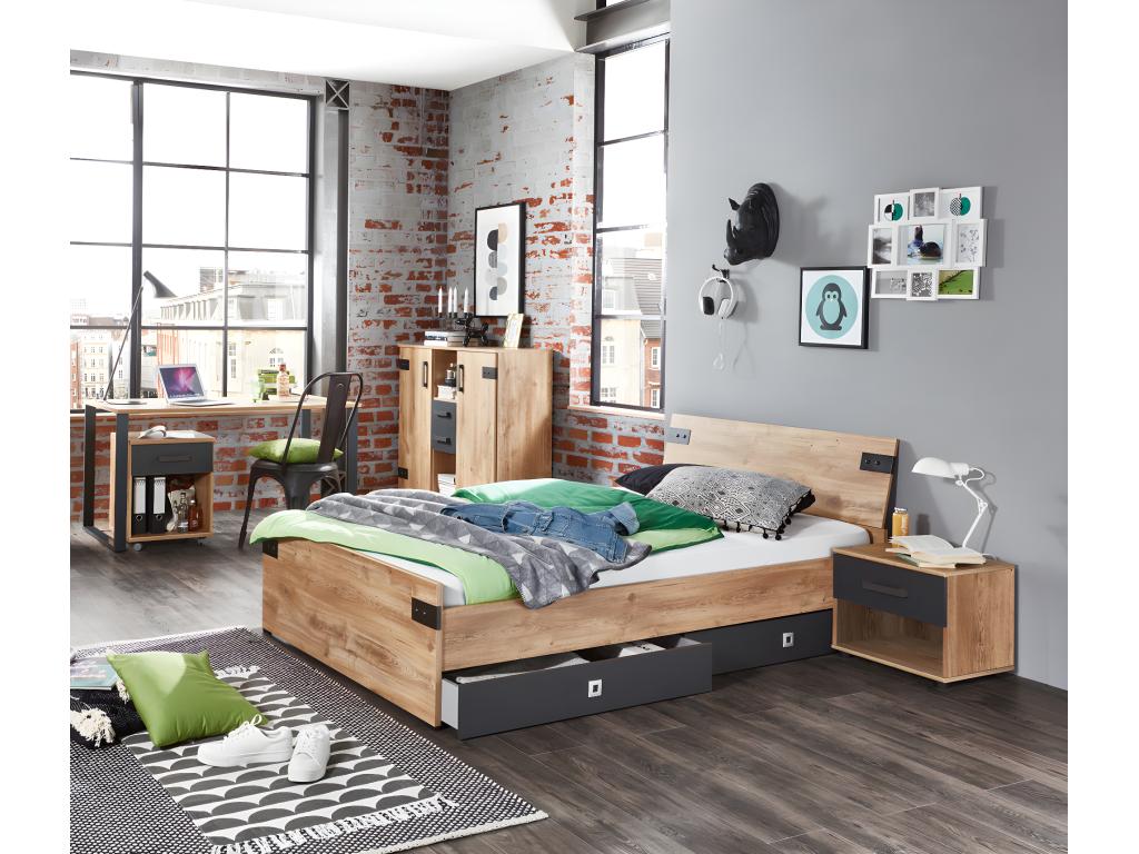 Ensemble chambre adulte Imitation chêne poutre rechampis graphite - 140x200 cm 96771RGNB