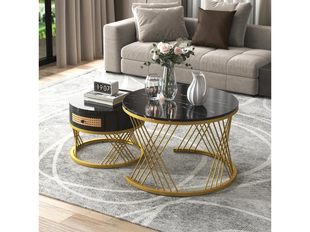Lot de 2 table basse gigogne ronde table d'appoint avec plateau en marbre et tiroirs en rotin pieds en fer dorés - 70x70x45 5 50x50x38 5cm noir 88035CNFE