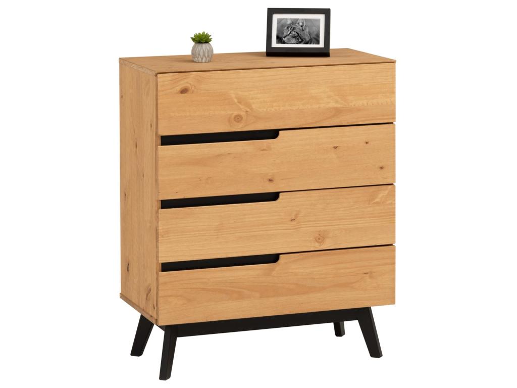 Commode Calmetop style scandinave design vintage nordique avec 4 tiroirs en pin massif finition bois naturel teinté 82955CZTB