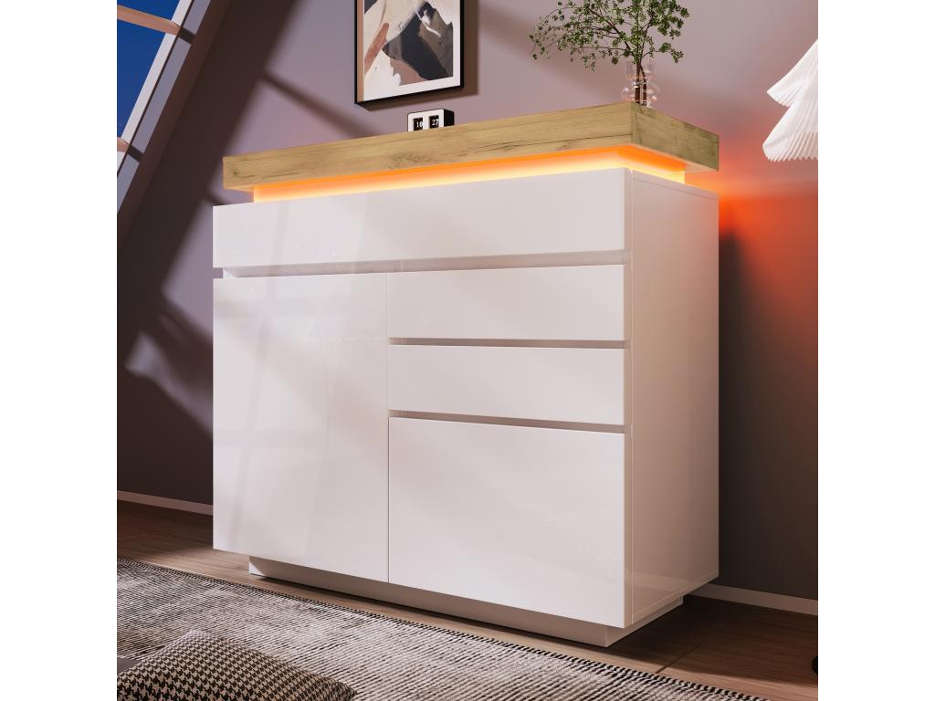Commode avec 2 portes et 3 tiroirs - 110x39x115 cm - LEDs - Panneau de particules - pour salon chambre - Blanc 40712XSGK