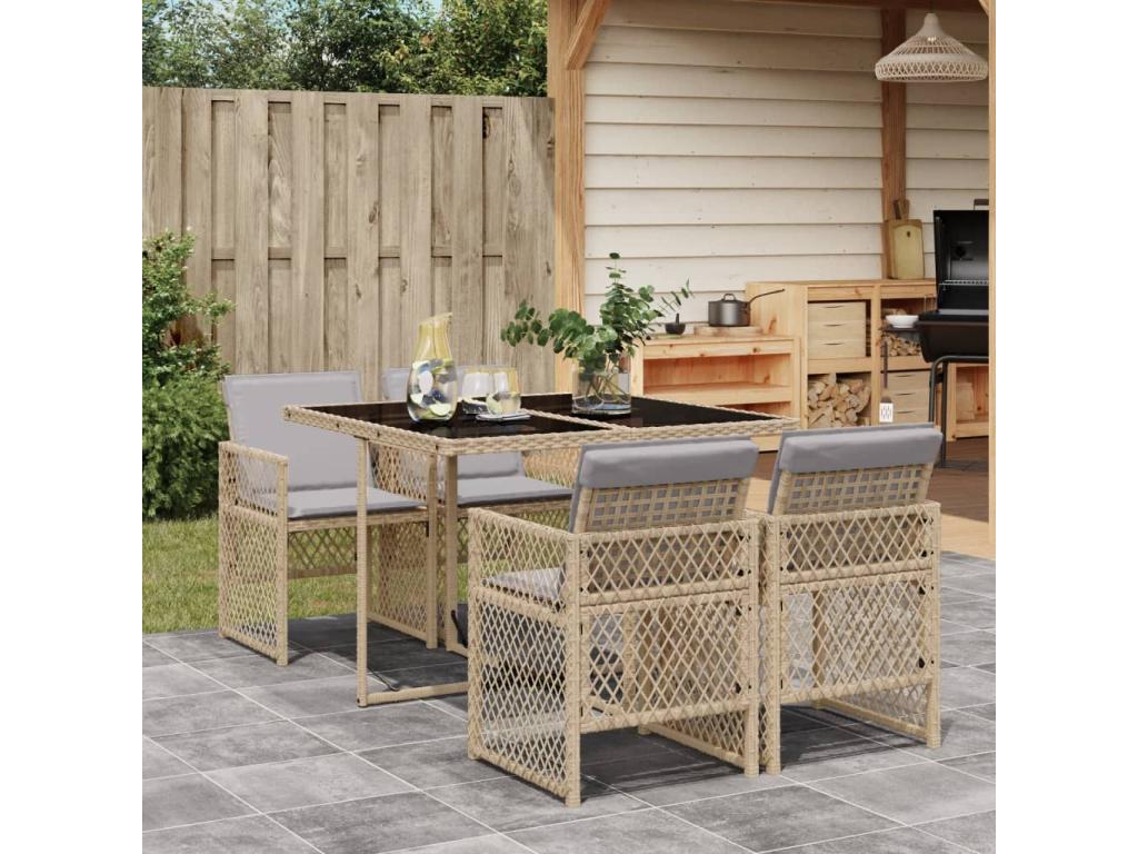 Ensemble à manger de jardin avec coussins 5 pièces Beige poly rotin 97691UFBN