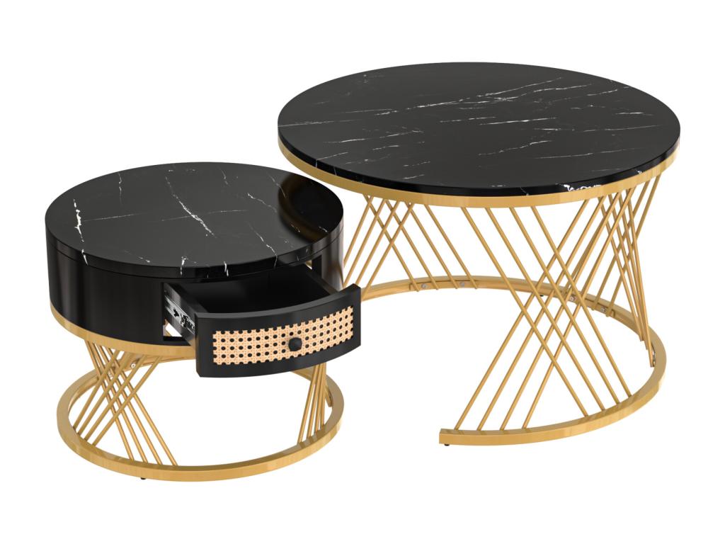 Lot de 2 table basse gigogne ronde table d'appoint avec plateau en marbre et tiroirs en rotin pieds en fer dorés - 70x70x45 5 50x50x38 5cm noir 88035CNFE
