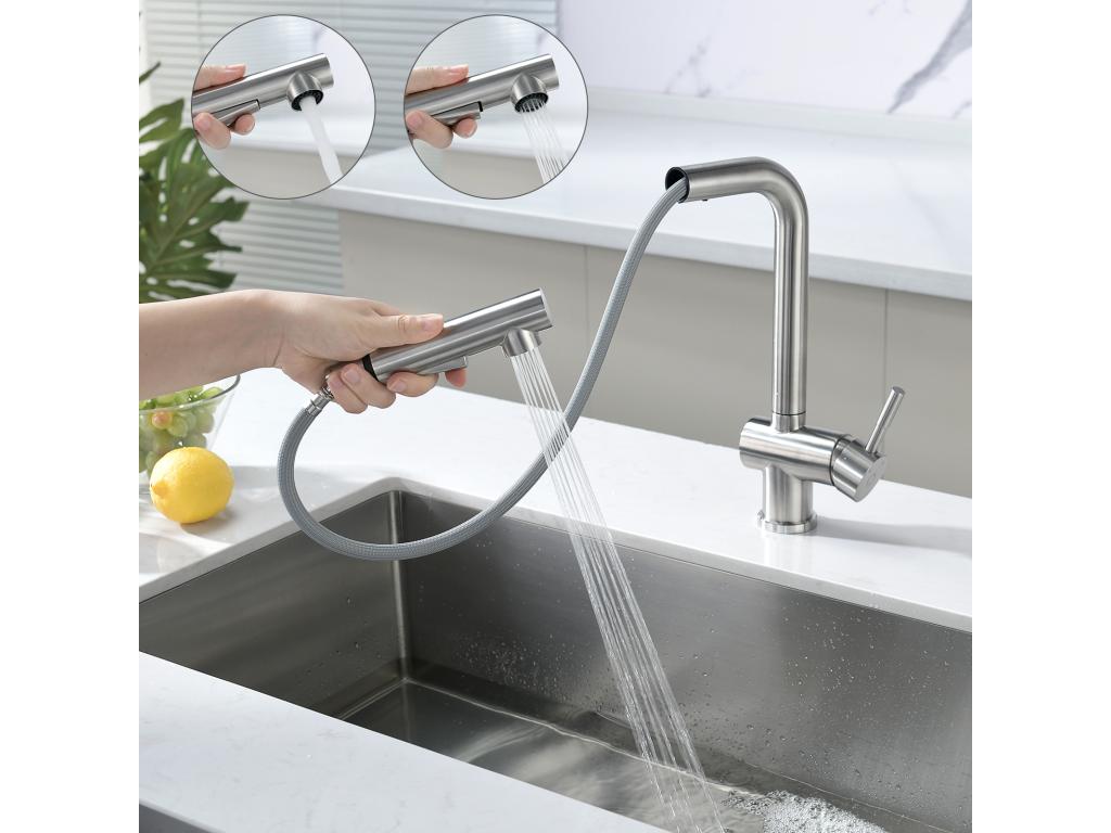 2PCS Calmetop Robinet Cuisine Extractible - Mitigeur de Evier 2 modes de pulvérisation - rotatif à 360 - Brossé EU Modèle 36729BMBT