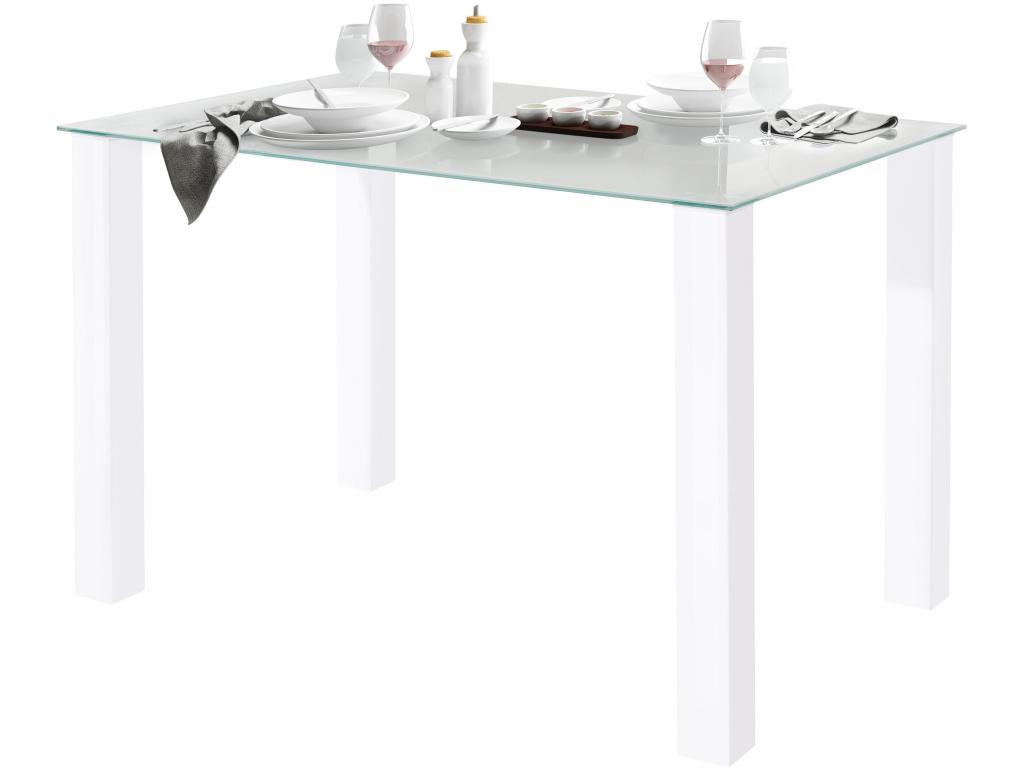 Table de salle à manger 120x80 cm avec plateau en verre / pieds blancs 18644KZUS