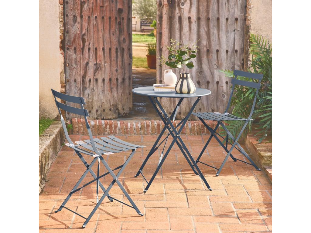 Table de jardin bistrot pliable ronde 60x70cm- avec deux chaises pliantes- acier thermolaqué 82930JMBM