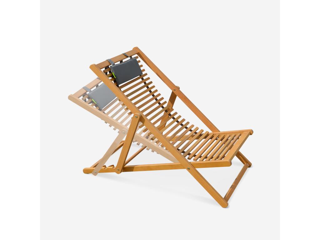 Chiliennes bois à Artvivrestore - 2 transats en bois d'Eucalyptus huilé avec coussin repose-tête gris 88515HGZO