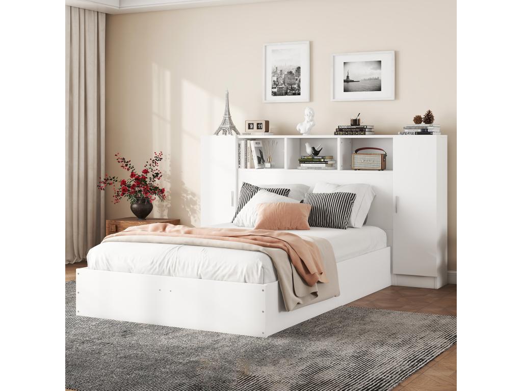 Lit double en bois 140x200 cm - tête de lit avec 2 portes et 3 niches de rangement - Bois MDF - Sommier à Calmetop - Blanc 40703TWPW