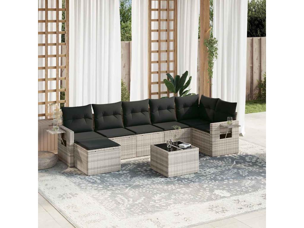 Salon de jardin 8 pièces avec coussins gris clair résine tressée 77860YLFY