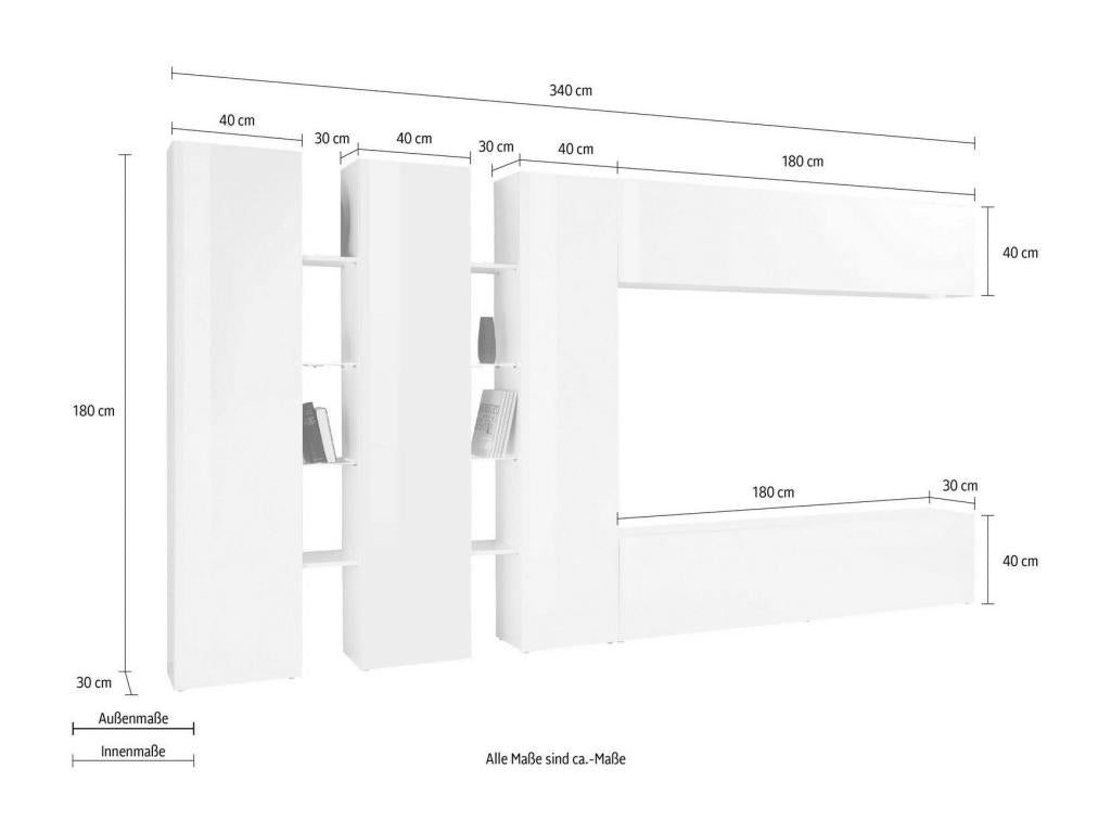Système mural Calmetop ensemble de meuble de salon TV 5 portes meuble de salon polyvalent Made in Italy 340x30h180 cm Anthracite 44839TWWY
