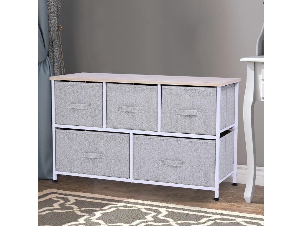 Commode meuble de rangement dim- 100L x 30l x 54H cm 5 tiroirs non-tissés gris structure métal blanc plateau MDF bois clair 72199WFQB