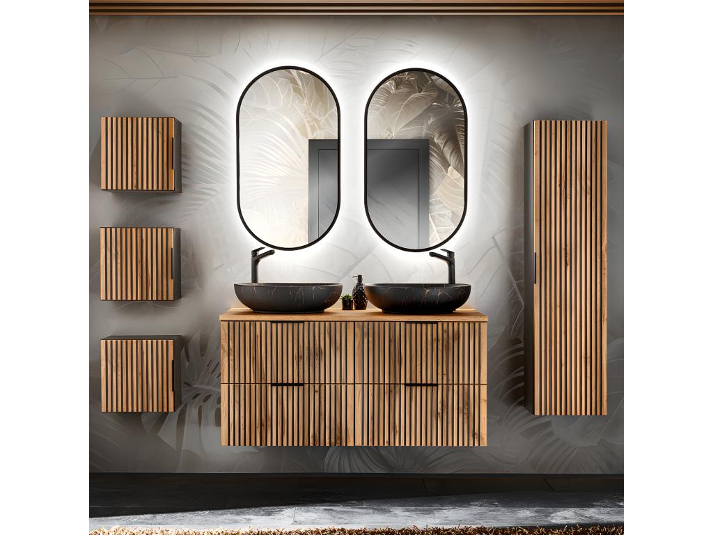 Ensemble meuble double vasque 120cm colonne et 3 armoires murales Artvivrestore Bois et Noir - Vasque Noir 93843MZBS