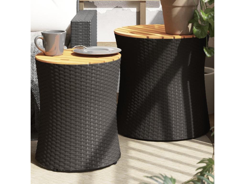 Tables d'appoint de jardin 2 pcs dessus en bois noir poly rotin 70085GBDQ