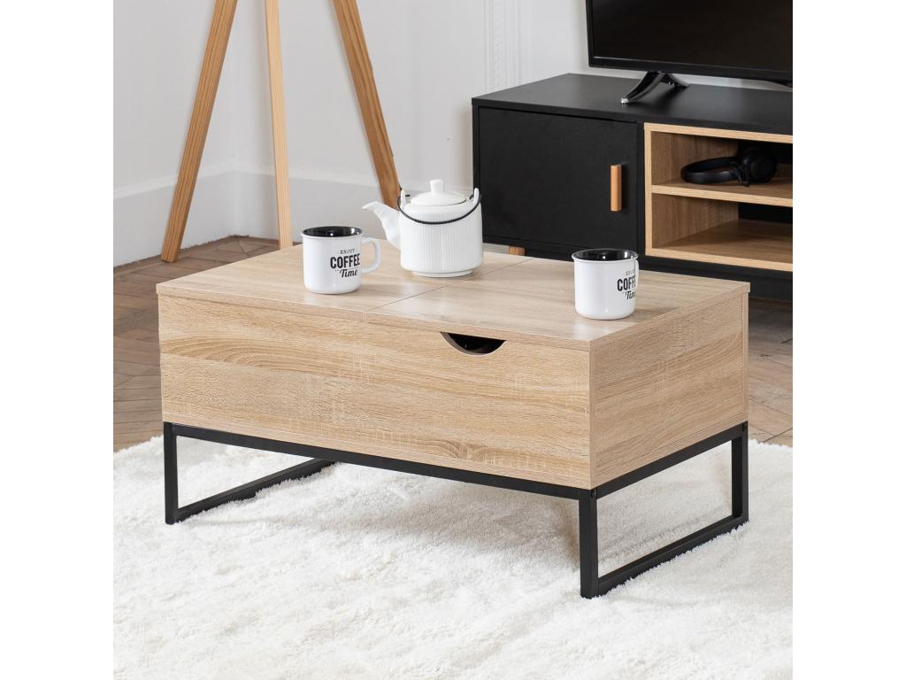 Table basse avec plateaux relevables noire et bois Calmetop 86970YPEB