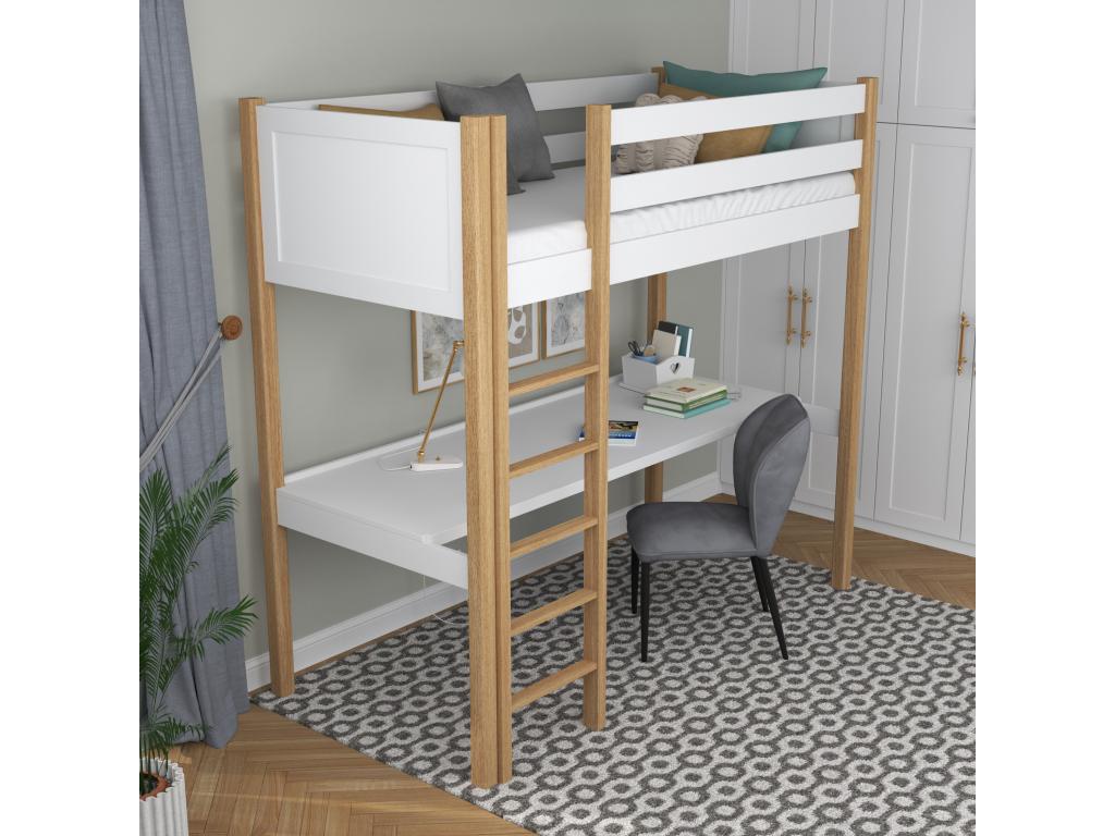 Lit mezzanine en bois - avec bureau N06 Blanc / Chêne Naturel 100x180 71201REGI
