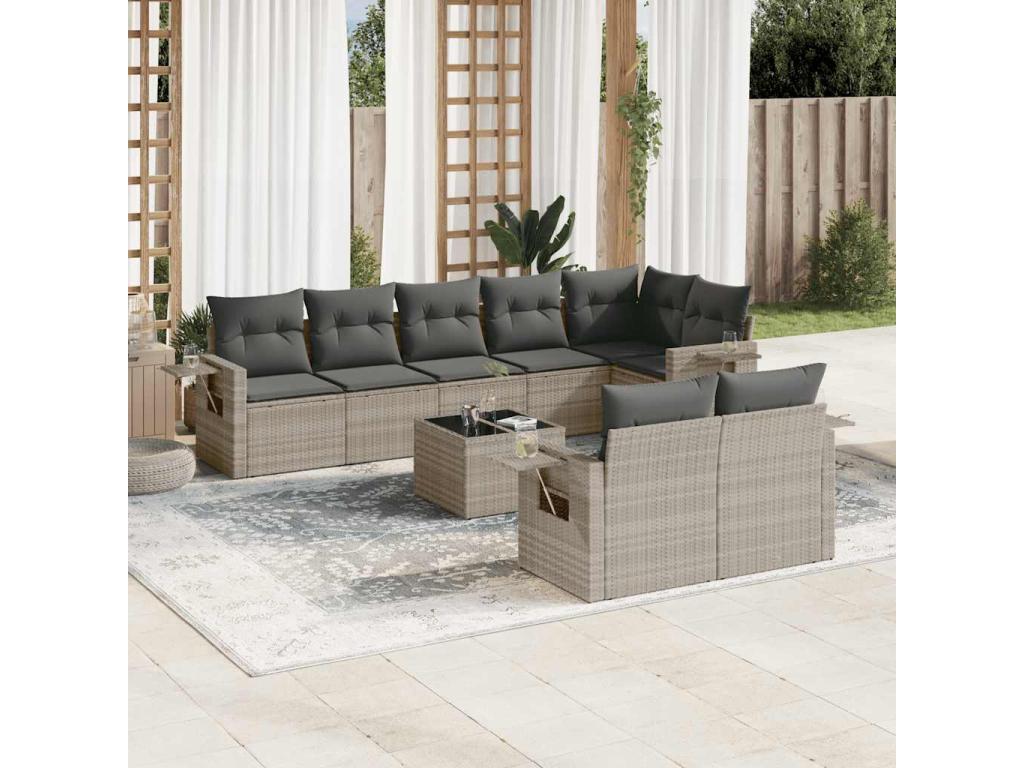 Salon de jardin 9 pièces avec coussins gris clair résine tressée 55361DULJ