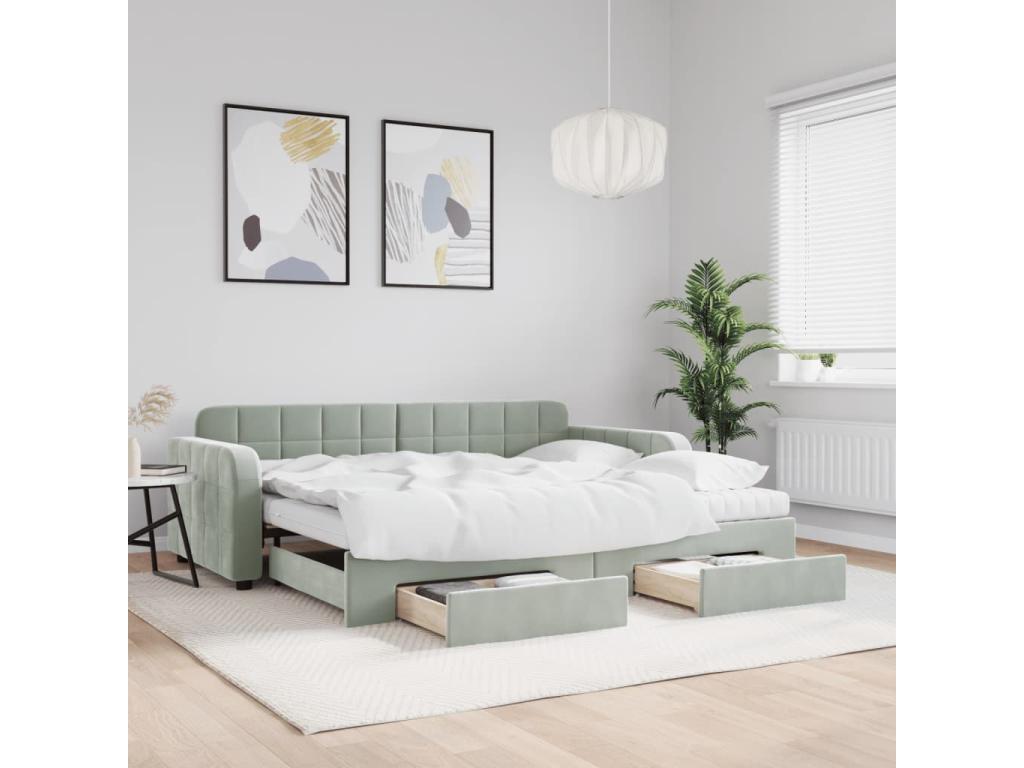 Lit de jour avec gigogne et tiroirs gris clair 90x190cm velours 74460QKVW