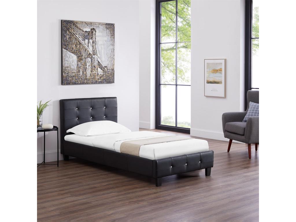 Lit simple pour adulte ou enfant Artvivrestore avec sommier 90x190 cm 1 place tête et pied de lit capitonnés avec strass synthétique noir 72680IBUI