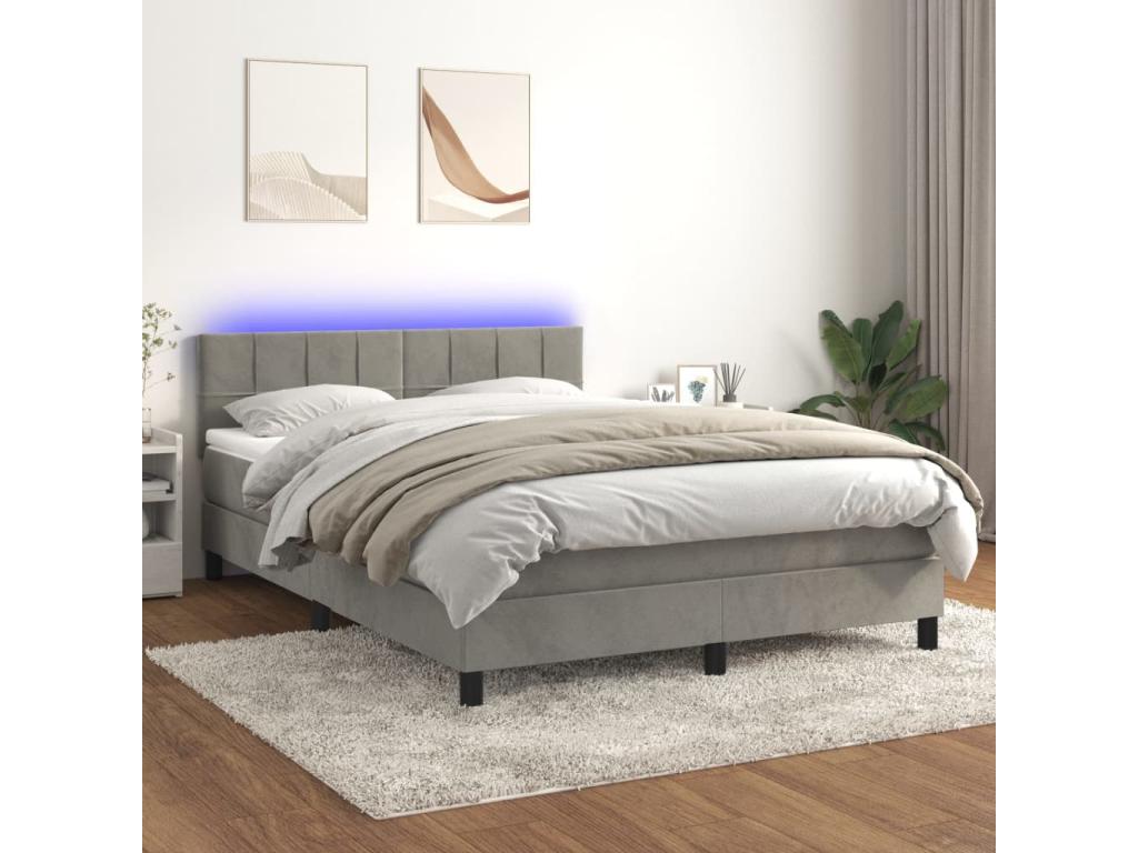 Sommier tapissier matelas et LED Gris clair 140x190 cm Velours 36280MEEI