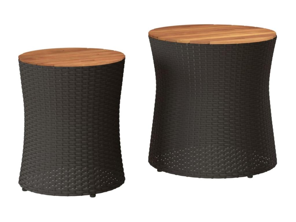 Tables d'appoint de jardin 2 pcs dessus en bois noir poly rotin 70085GBDQ