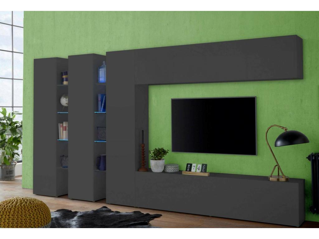 Système mural Calmetop ensemble de meuble de salon TV 5 portes meuble de salon polyvalent Made in Italy 340x30h180 cm Anthracite 44839TWWY