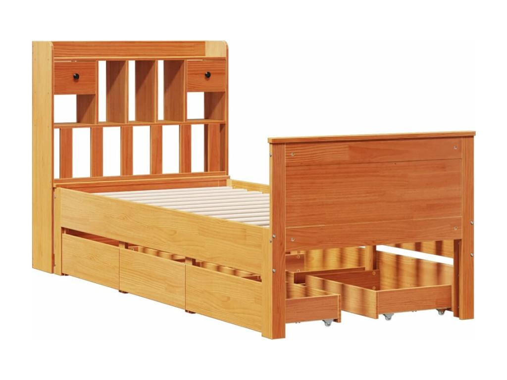 Lit bibliothèque sans matelas cire marron 90x190 cm pin massif 18008OAUG