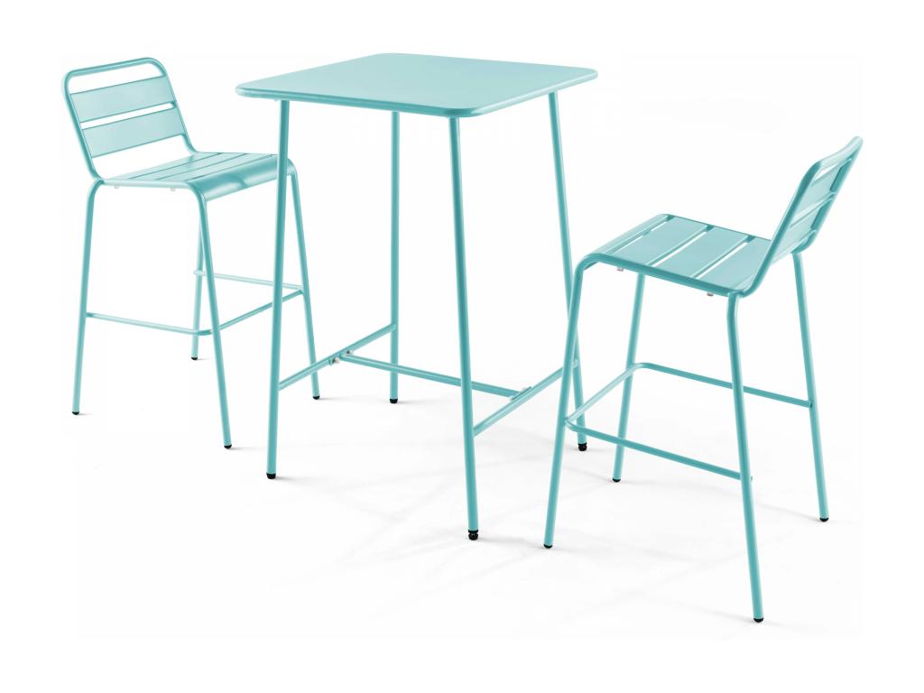 Ensemble table de bar et 2 chaises hautes en métal turquoise - Calmetop 98871CPHS