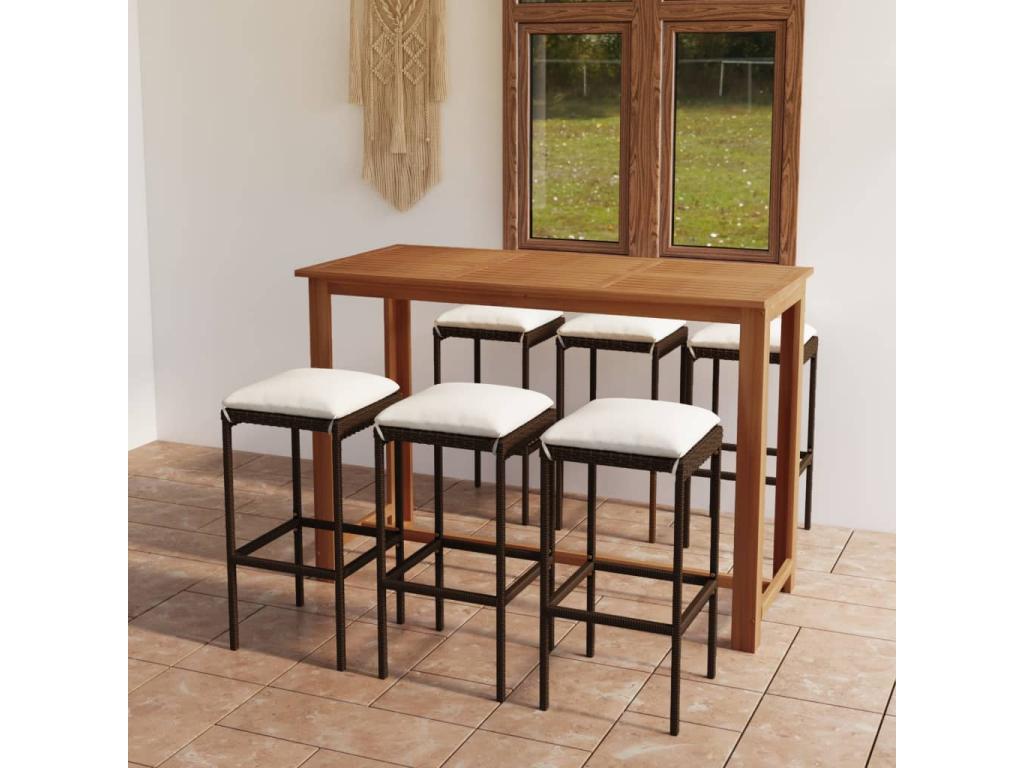 Ensemble de bar de jardin avec coussins 7 pièces Marron 07339IPJC