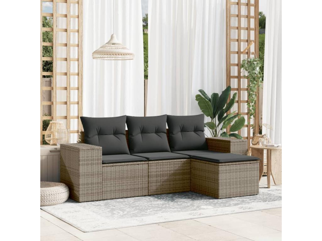 Salon de jardin 4 pièces avec coussins gris résine tressée 30366OTTC