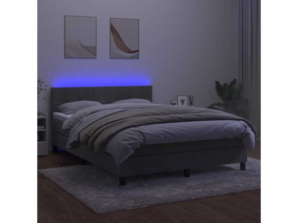 Sommier tapissier matelas et LED Gris clair 140x190 cm Velours 36280MEEI