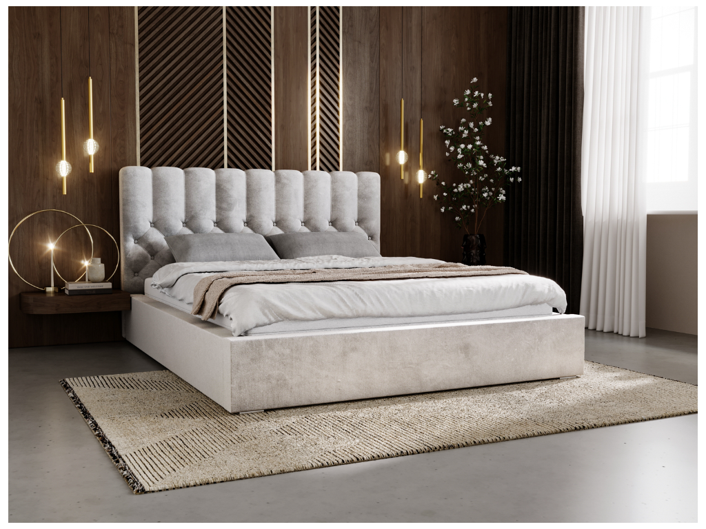 Lit rembourré avec rangement - 140x200 - lit double - velours - gris clair - Roma 62432YOLB