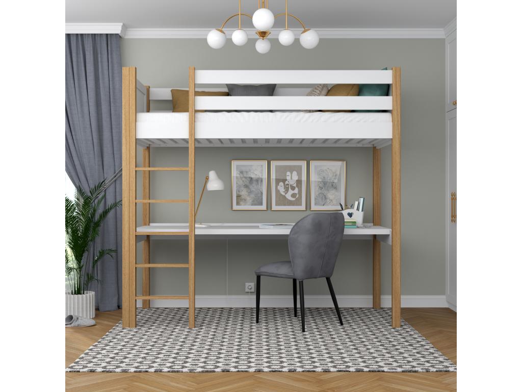 Lit mezzanine en bois - avec bureau N06 Blanc / Chêne Naturel 100x180 71201REGI