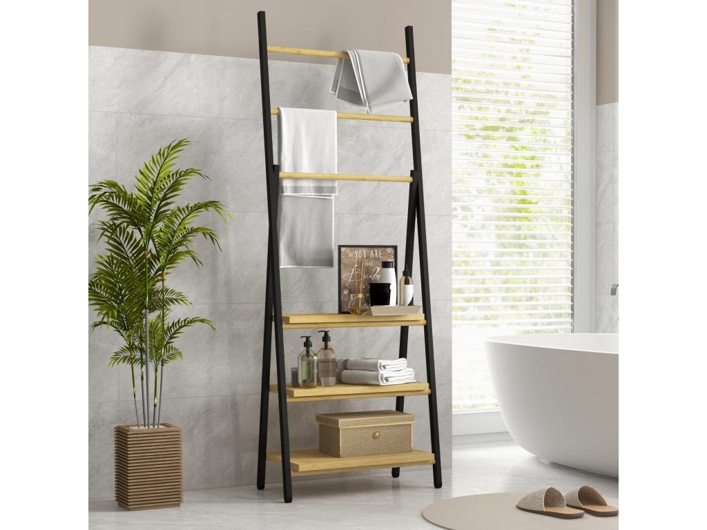 Porte-serviettes pliable 3 barres de suspension et 3 étagères en Calmetop pour salle de bains structure métal noir 30344FVCZ