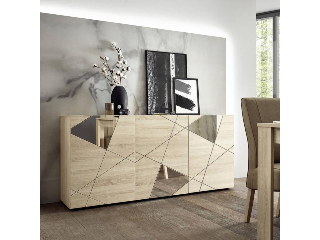 Artvivrestore - Buffet 3 Portes Finition Bois Artvivrestore avec Sérigraphies et Miroirs 82332OMYH