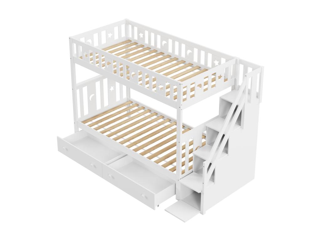 Lits superposés 2x90x200 cm avec 2 tiroirs et étagères de rangement - bois massif - coloris blanc 36548MIZN