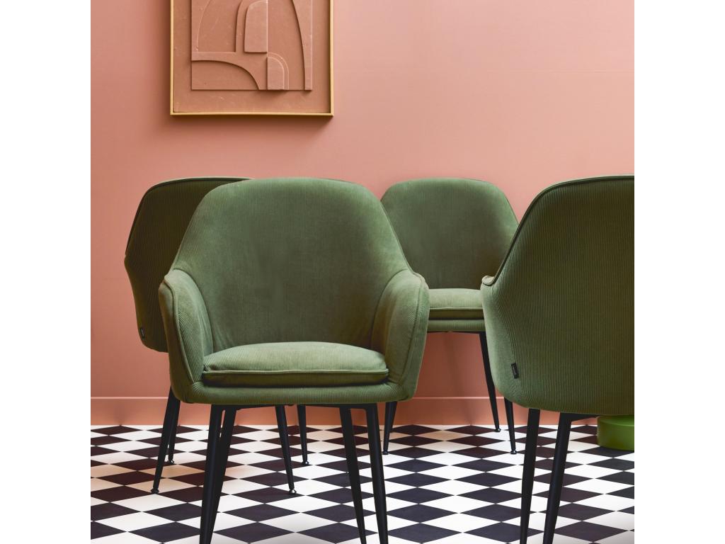 Lot de 4 fauteuils en velours orienté kaki foncé et pieds en métal noir mat- L 57 x P 59 x H 84.5cm 60731AKUC