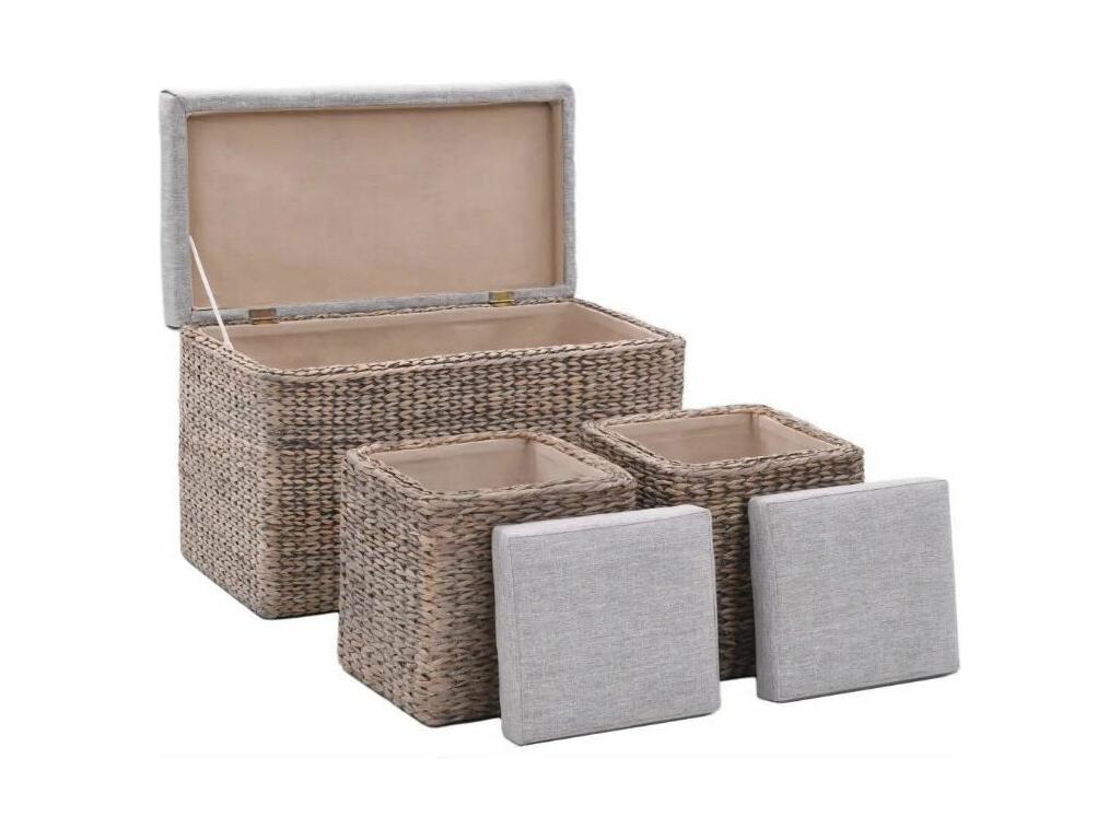 Banquette coffre capitonné jacinthe d'eau gris avec pouf Calmetop - Lot de 3 89396QUOD