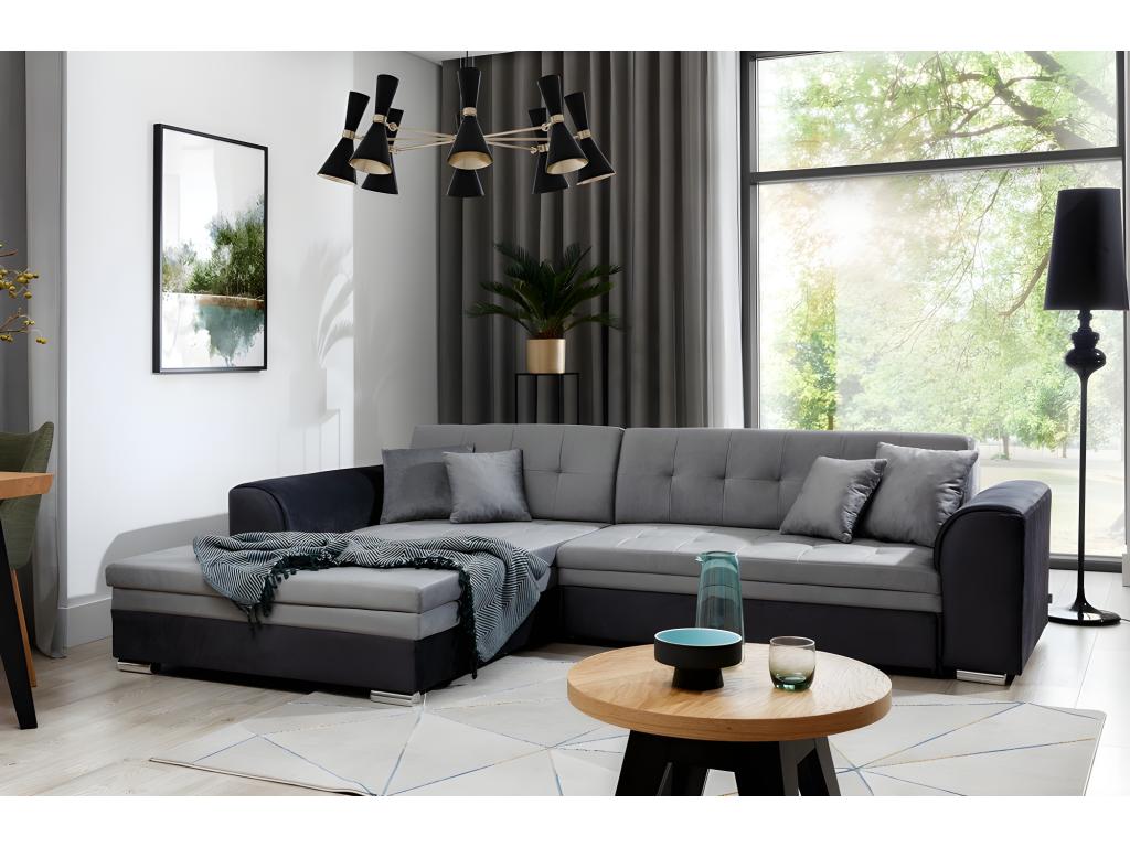 Canapé d'angle convertible en tissu velours gris et noir Luxe 5 places angle gauche vu de face Calmetop 47607PSSH