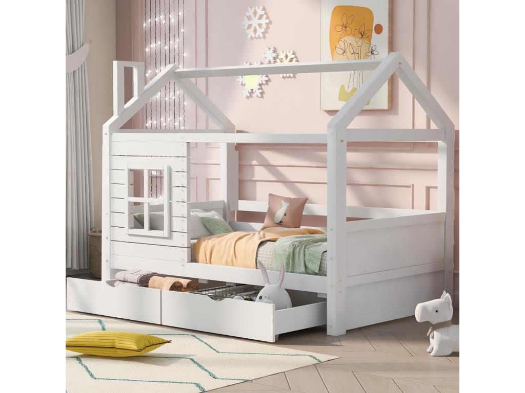 Lit cabane 90x200 cm avec 2 tiroirs - en forme de maison - en bois massif - Blanc 55572PAGM