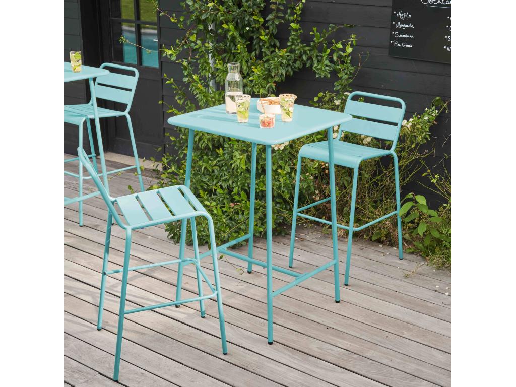 Ensemble table de bar et 2 chaises hautes en métal turquoise - Calmetop 98871CPHS