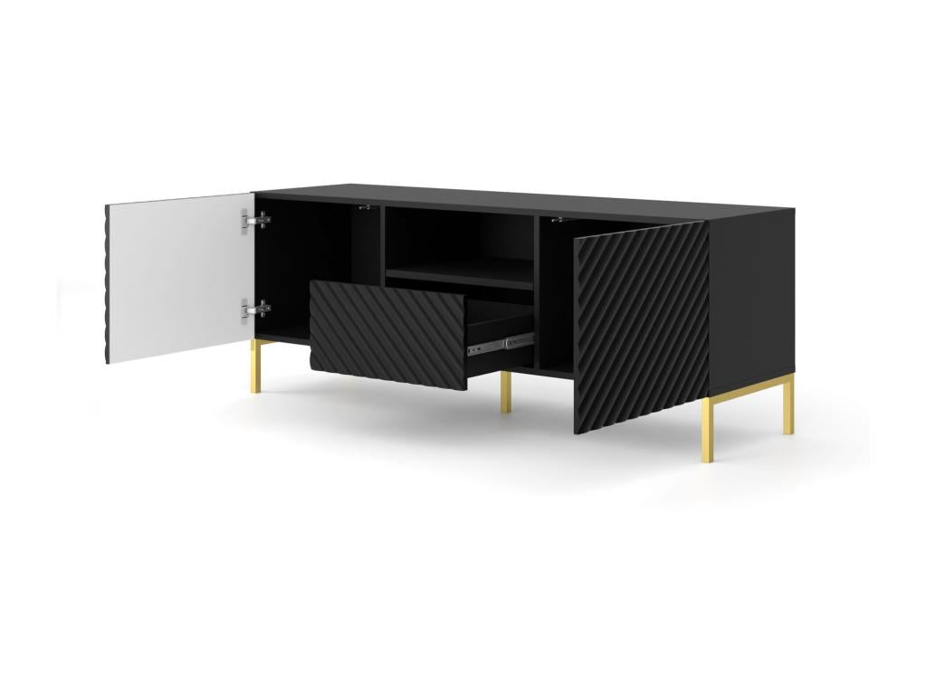 Meuble TV Calmetop 150 cm 2D1S fraisé noir mat pieds en métal doré 26492ARNR