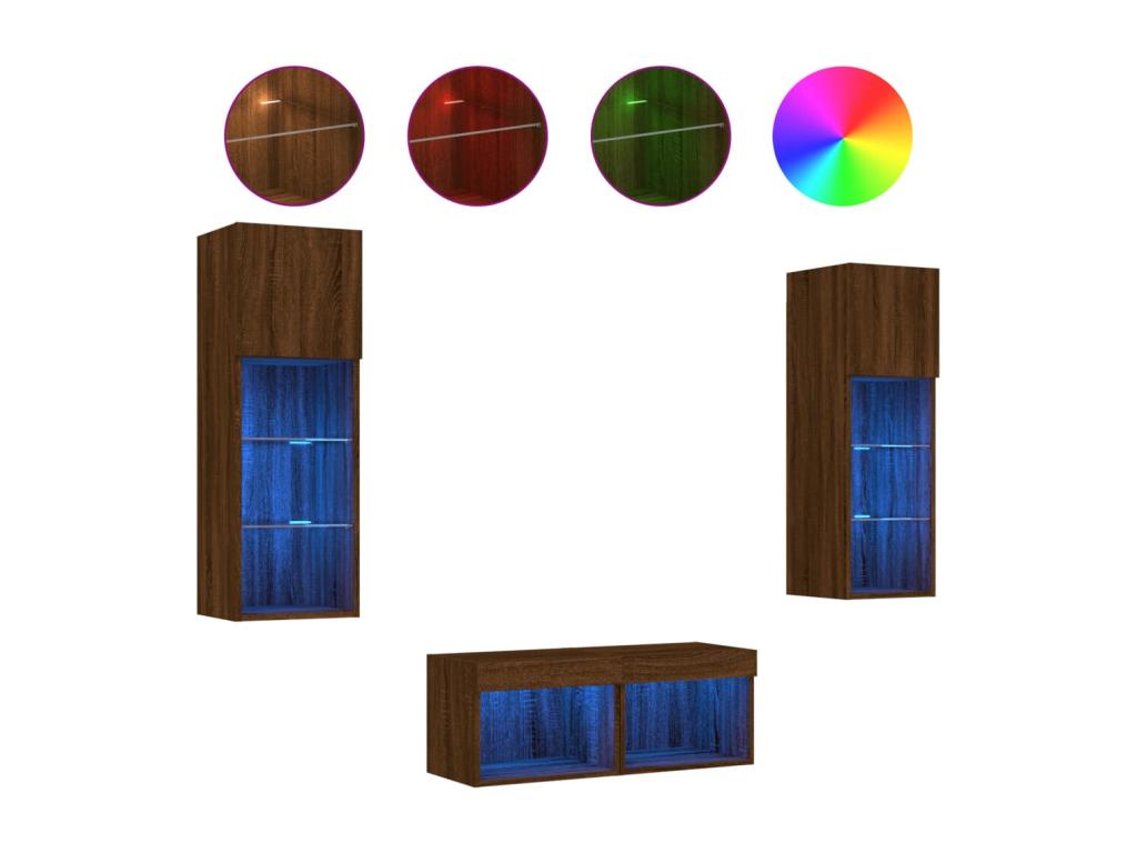 Meuble TV mural 4 pcs avec Calmetopères LED chêne marron 55810MYTG