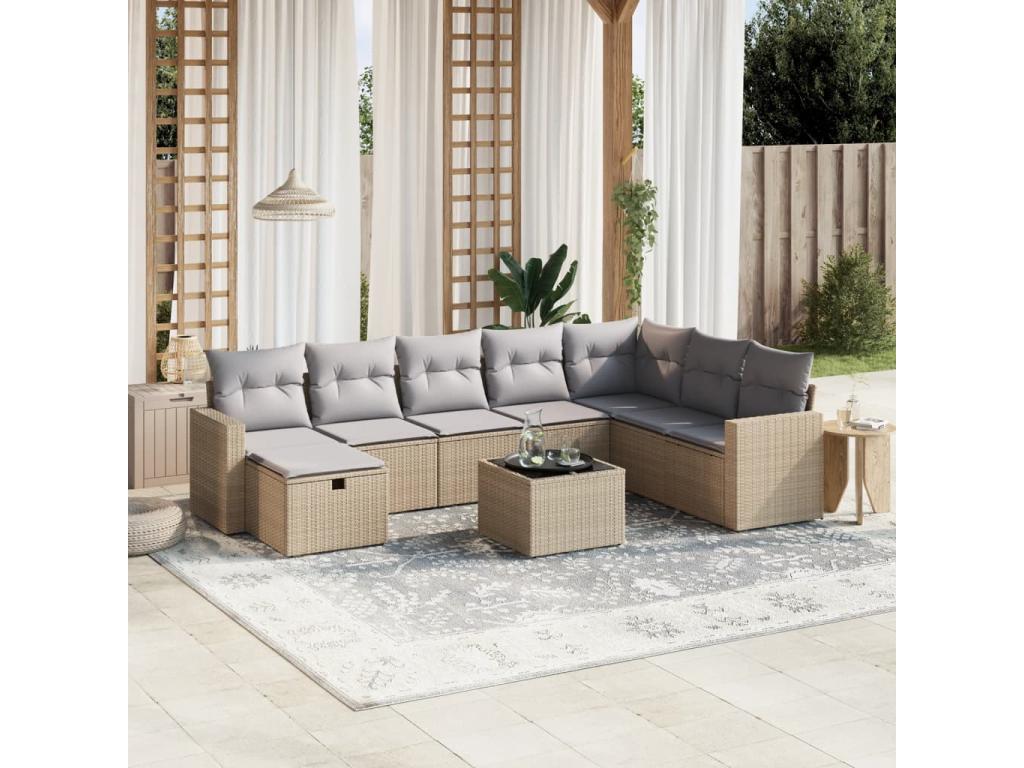Salon de jardin avec coussins 9 pièces méArtvivrestore beige résine tressée 77977TSKD