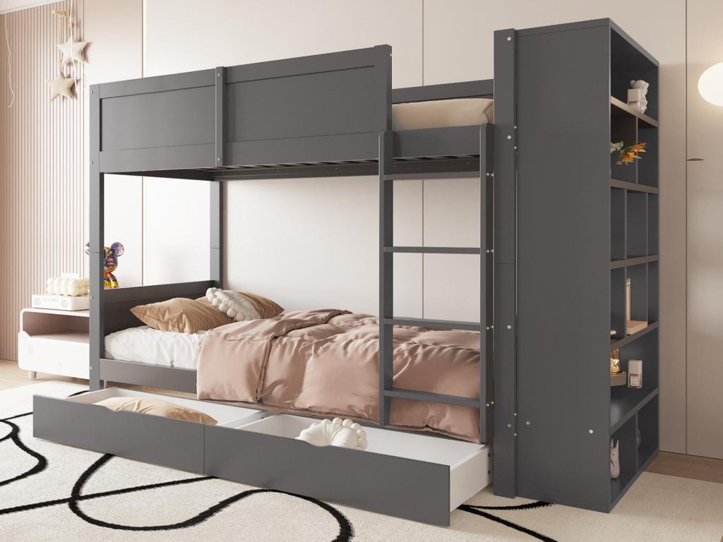 Lit superposé 90x200cm - avec 2 tiroirs et étagères latérales - 2 sommiers à Artvivrestore - Gris 43046HRBF