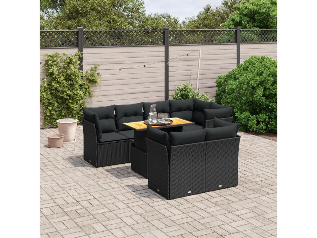 Salon de jardin 8 pcs avec coussins noir résine tressée 16203LBNS