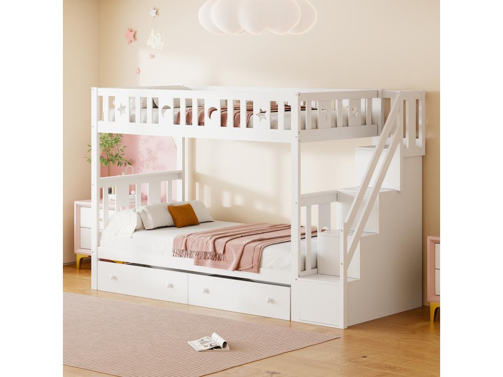 Lits superposés 2x90x200 cm avec 2 tiroirs et étagères de rangement - bois massif - coloris blanc 36548MIZN